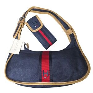 VTG Tommy Hilfiger Denim Hobo Bag with Matching Pouch Tan Trim Red Stripe H Logo